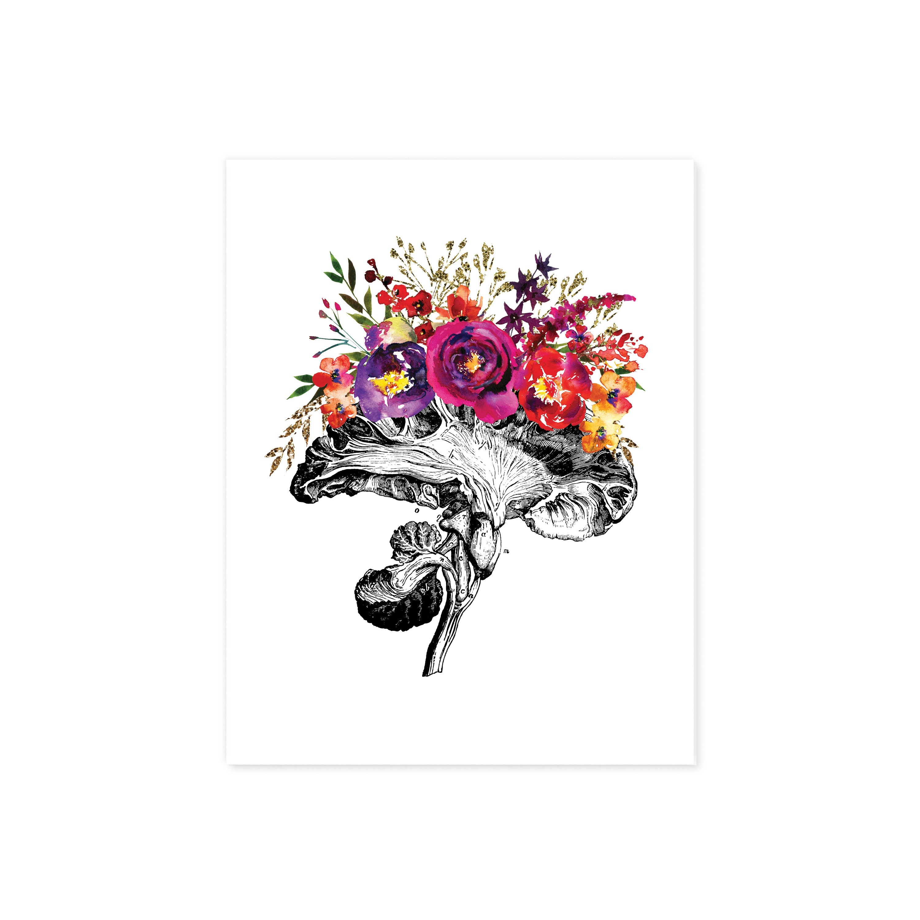 Cross Section Brain etching with Pink, Purple, Yellow, and Golden Watercolor Tones on White