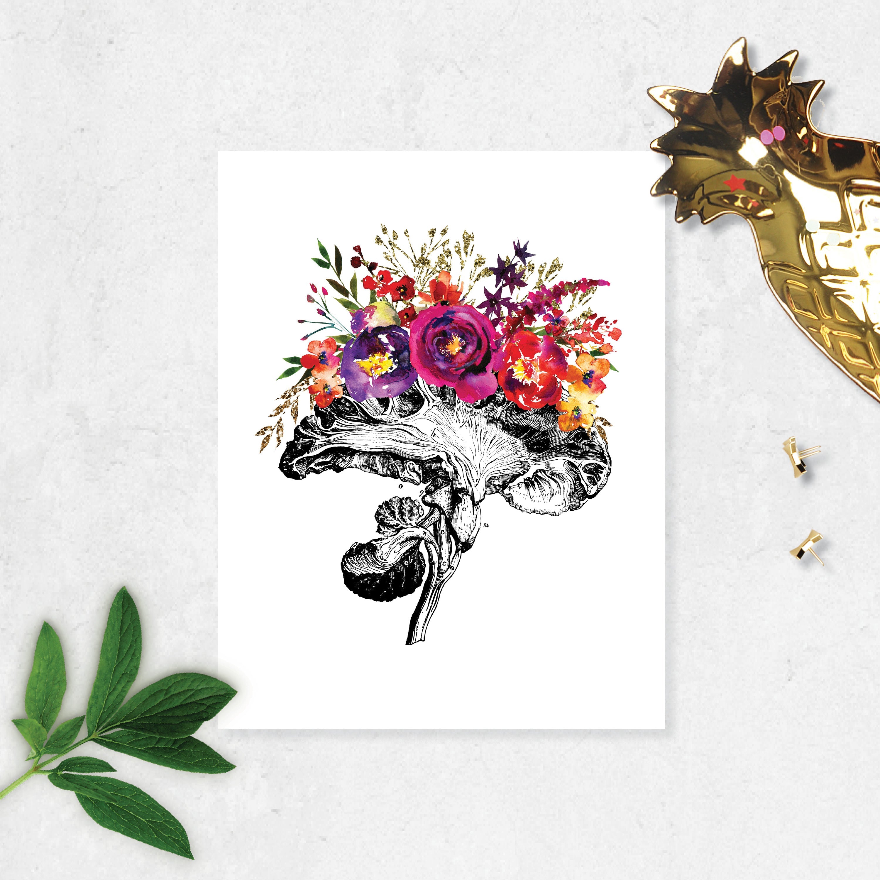 Cross Section Brain etching with Pink, Purple, Yellow, and Golden Watercolor Tones on White
