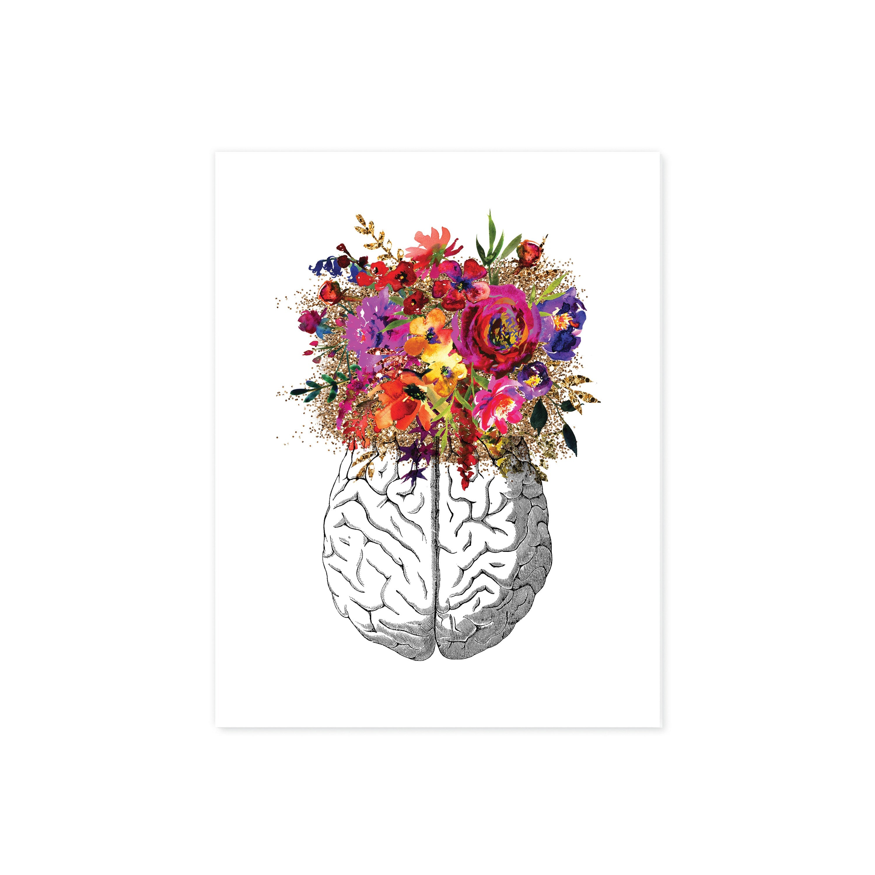 Brain etching with Pink, Purple, Yellow, and Golden Watercolor Tones on White