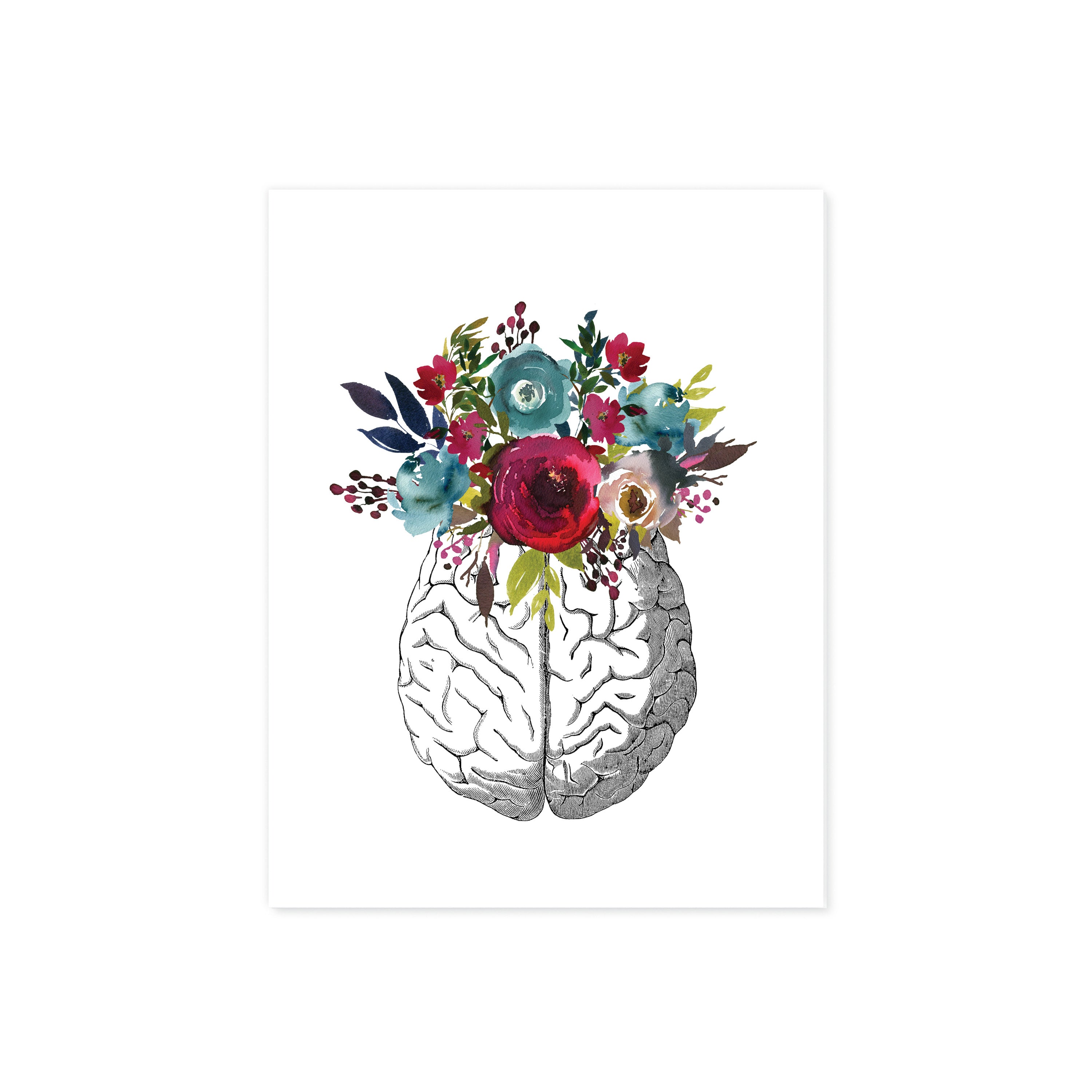 Brain Etching with Berry and Blue Watercolor Flowers on white
