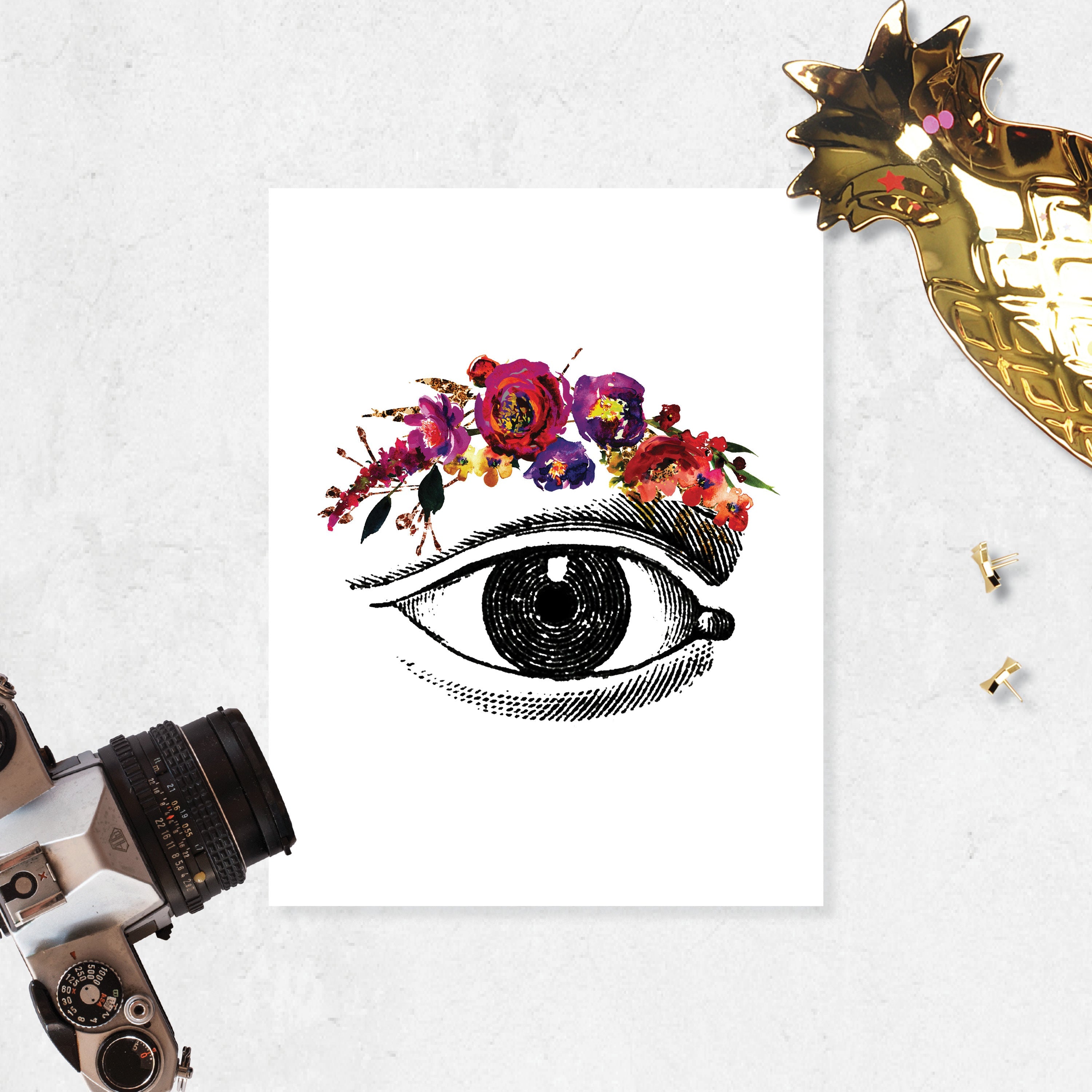 Eye etching with Pink, Purple, Yellow, and Golden Watercolor Tones on White