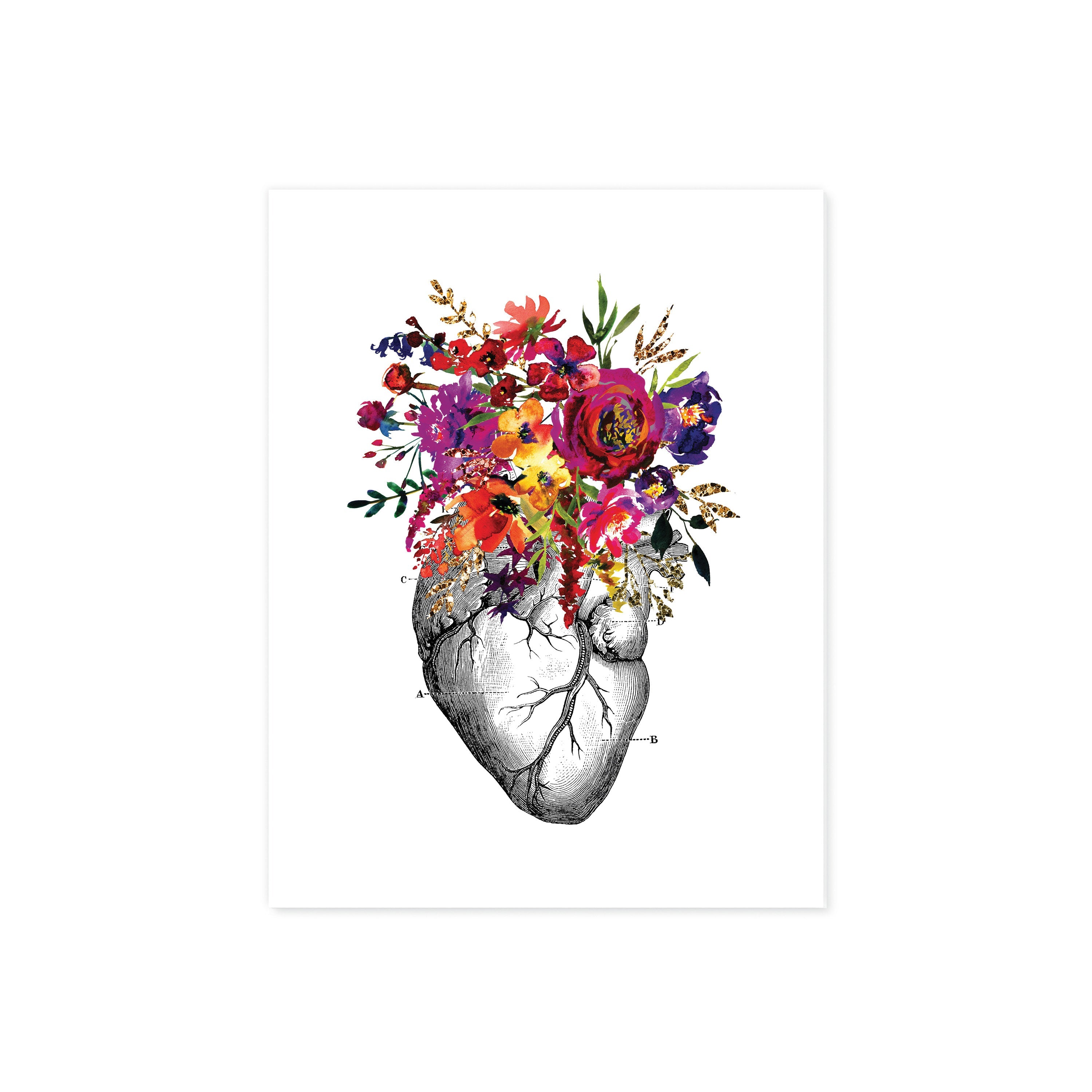 Anatomical Heart with Pink, Purple, Yellow, and Golden Watercolor Tones on White