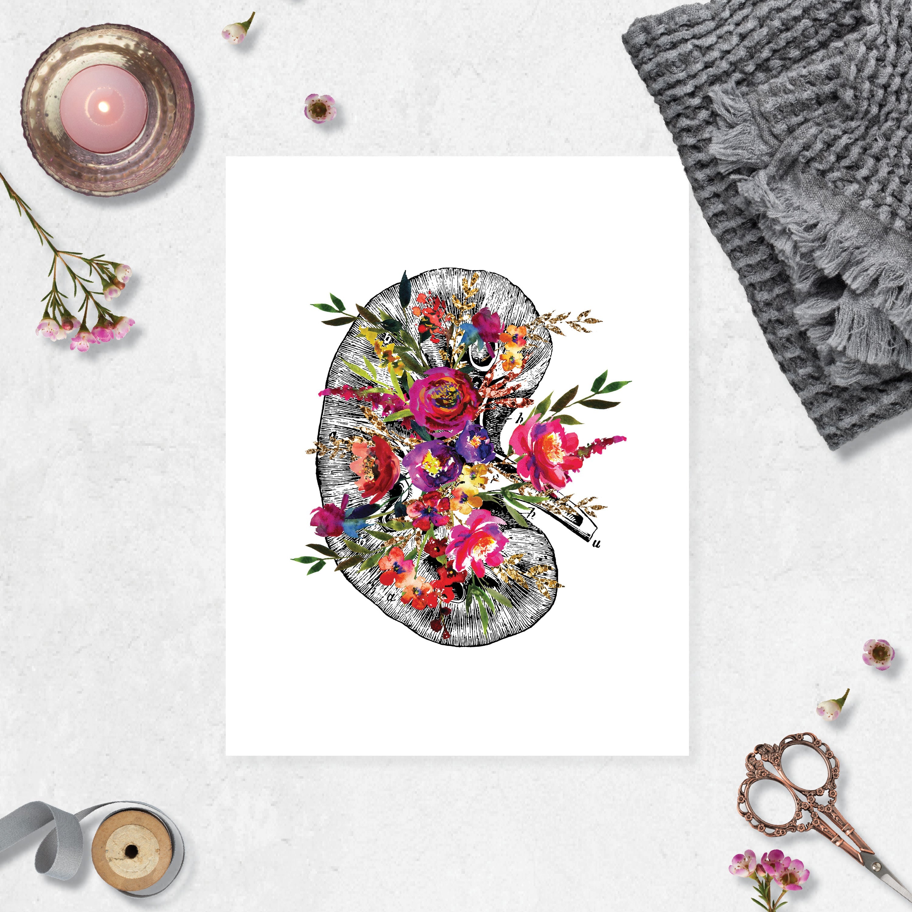 Anatomical Kidney with Pink, Purple, Yellow and Golden Watercolor Tones on White