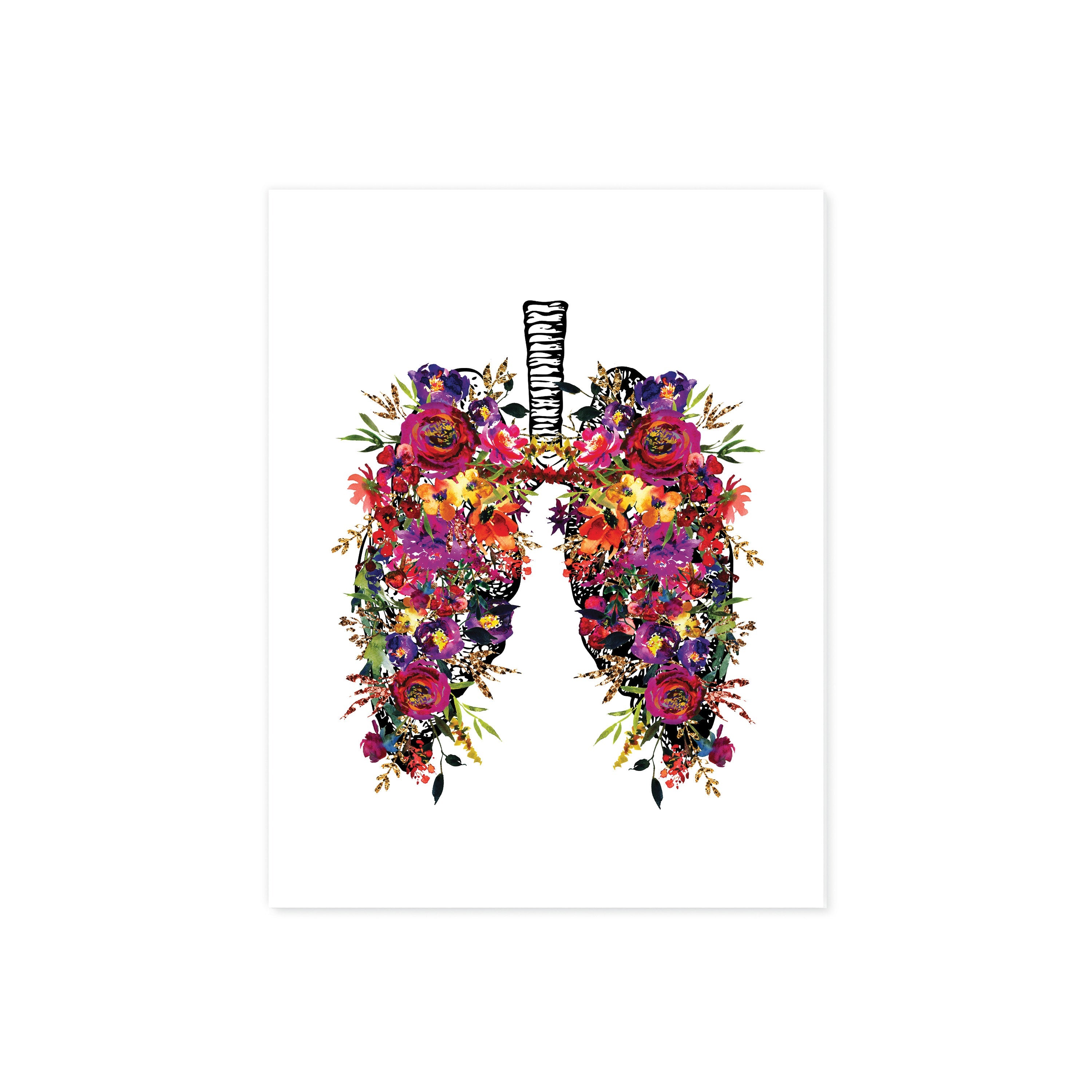 Vintage Lung Etching with Pink, Purple, Yellow and Golden Watercolor Tones on White