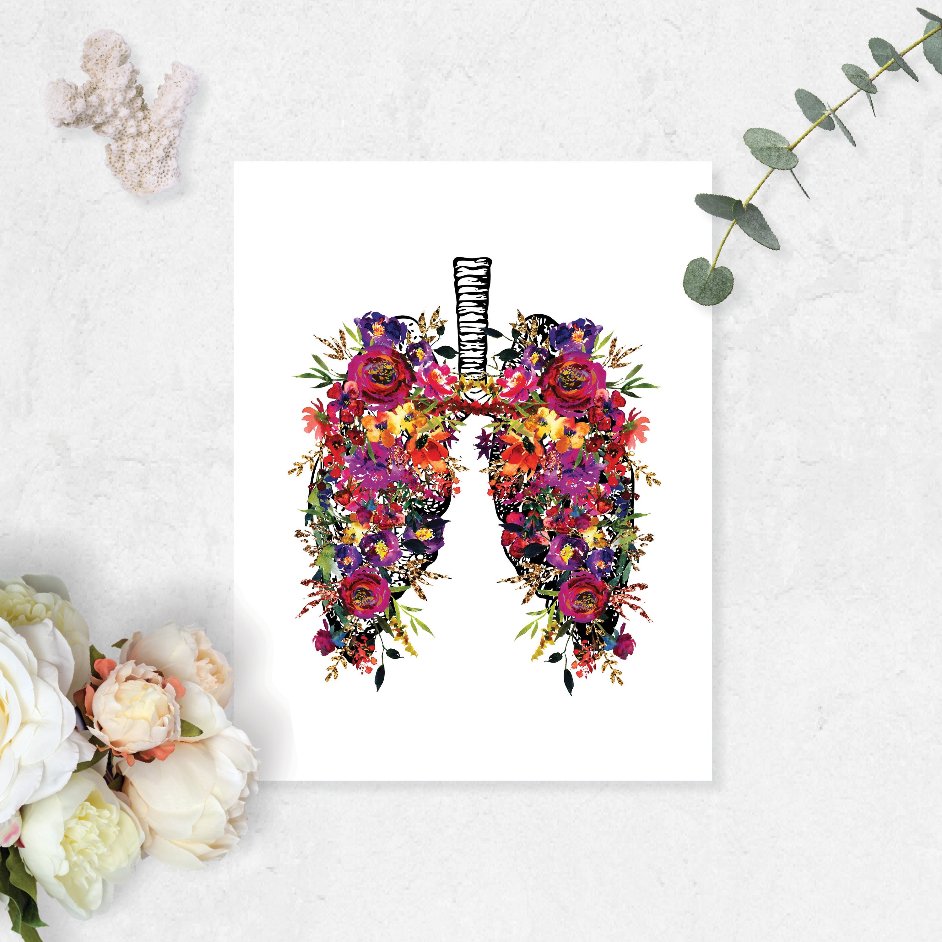 Vintage Lung Etching with Pink, Purple, Yellow and Golden Watercolor Tones on White