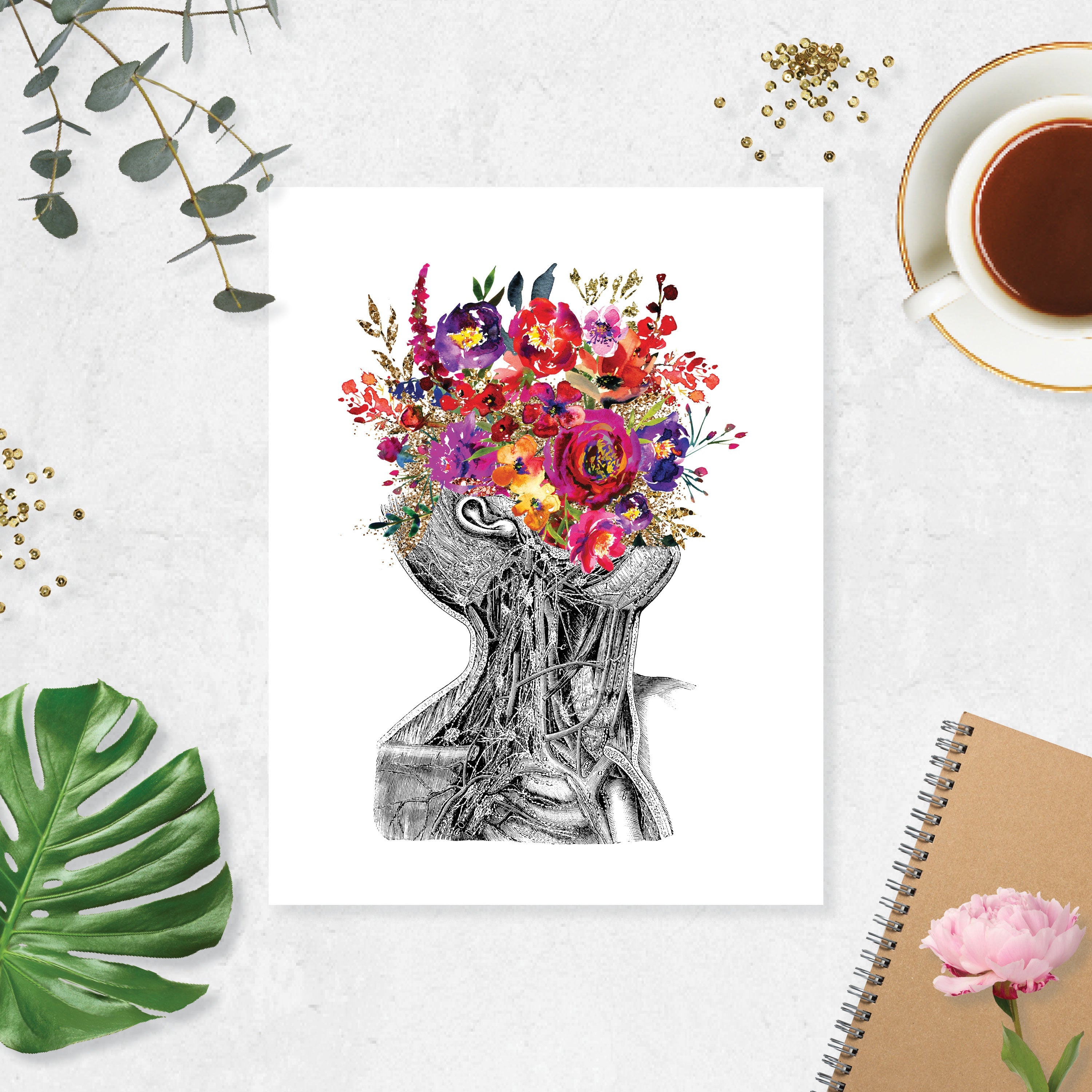 Anatomical Neck Etching with Flowers for the Face in Purple, Yellow, and Golden Watercolor Tones on White