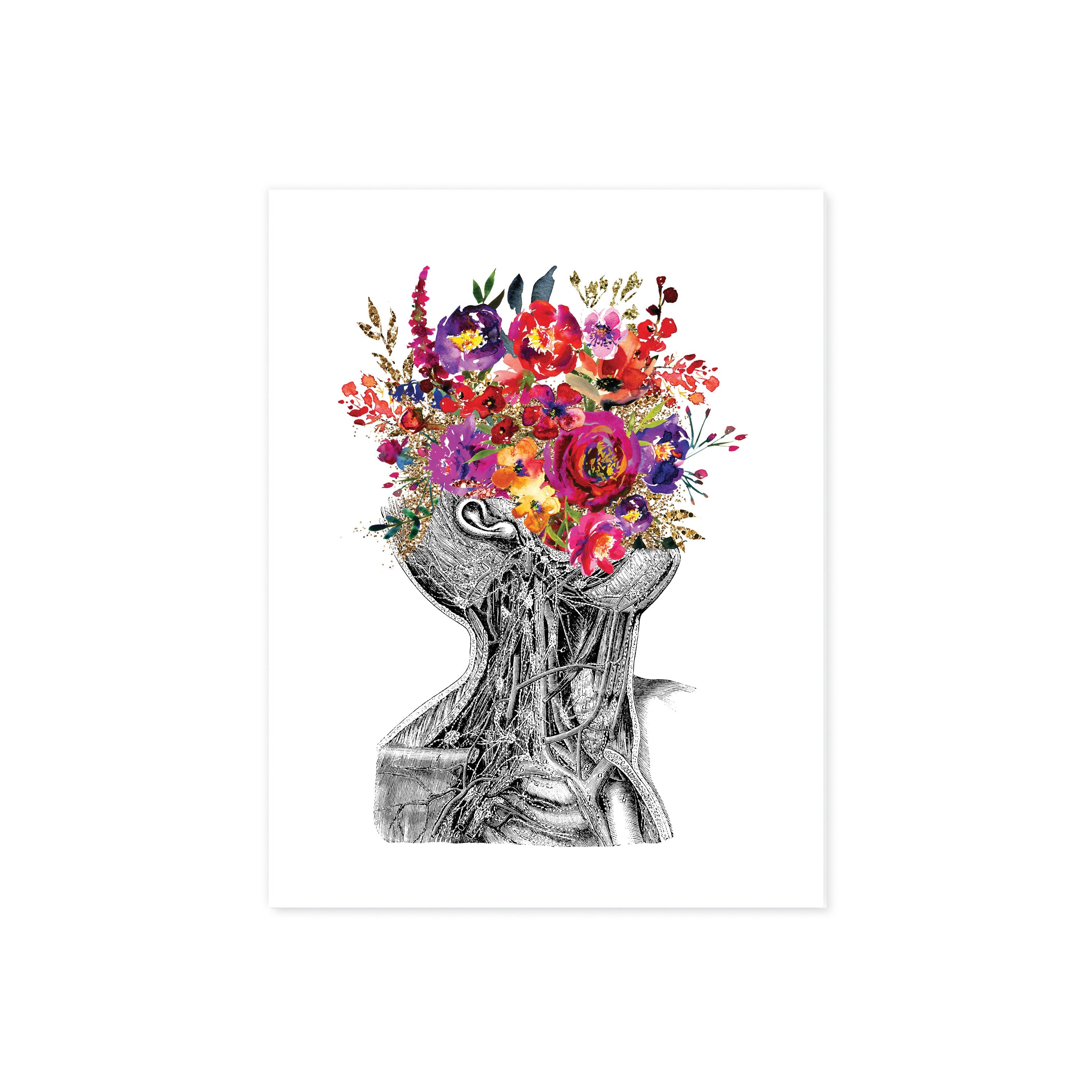 Anatomical Neck Etching with Flowers for the Face in Purple, Yellow, and Golden Watercolor Tones on White