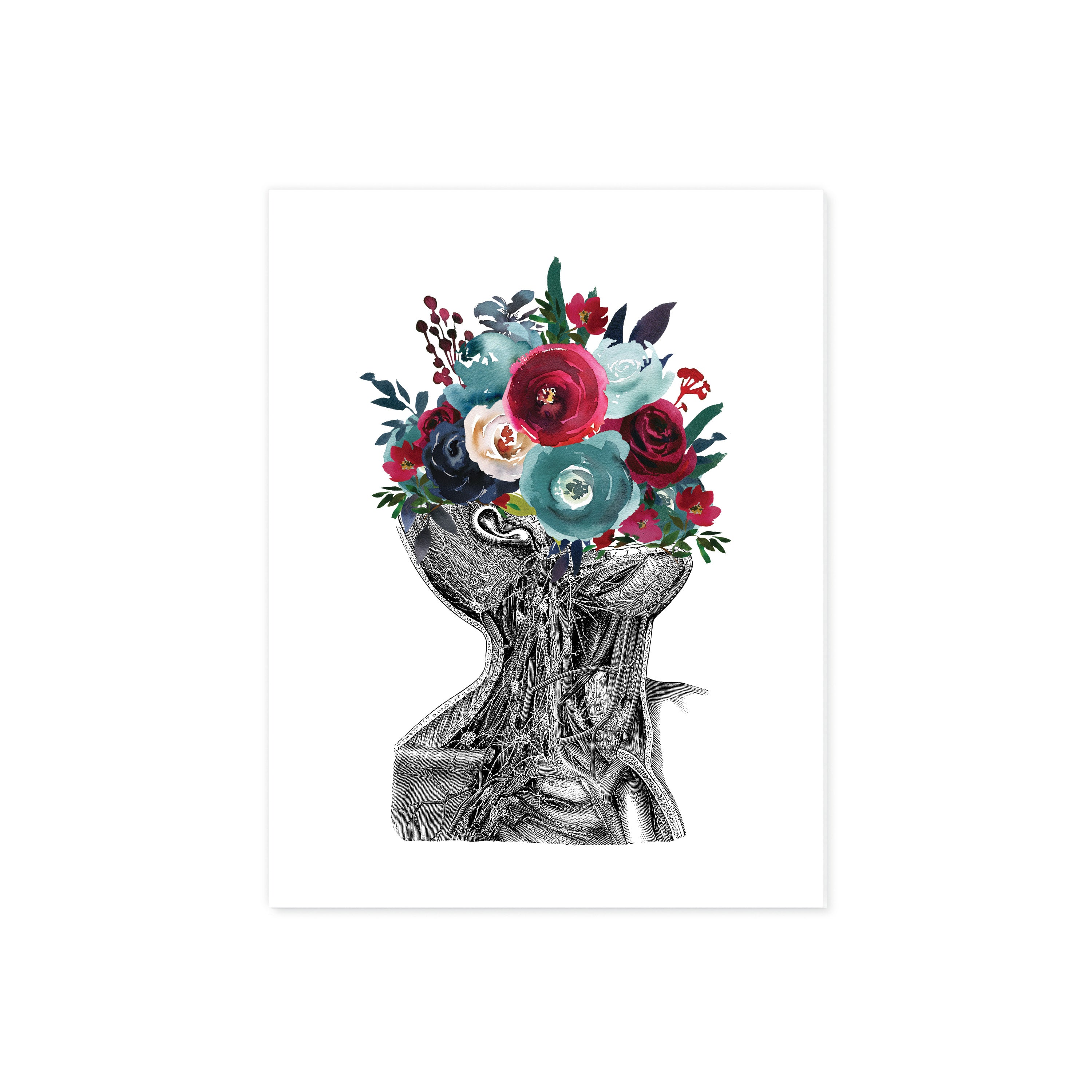 Anatomical Neck Etching with Flowers for the Face in Berry and Blue Watercolor Tones on White
