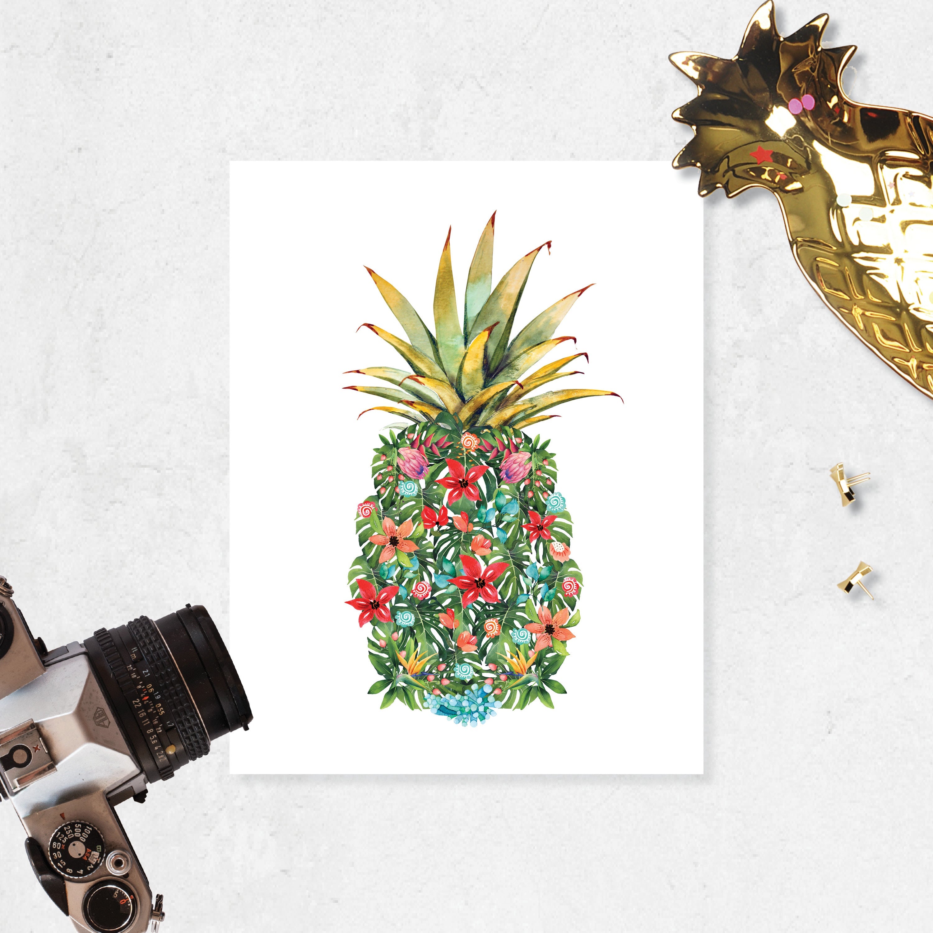 Pineapple Tropical Flowers and Seashells