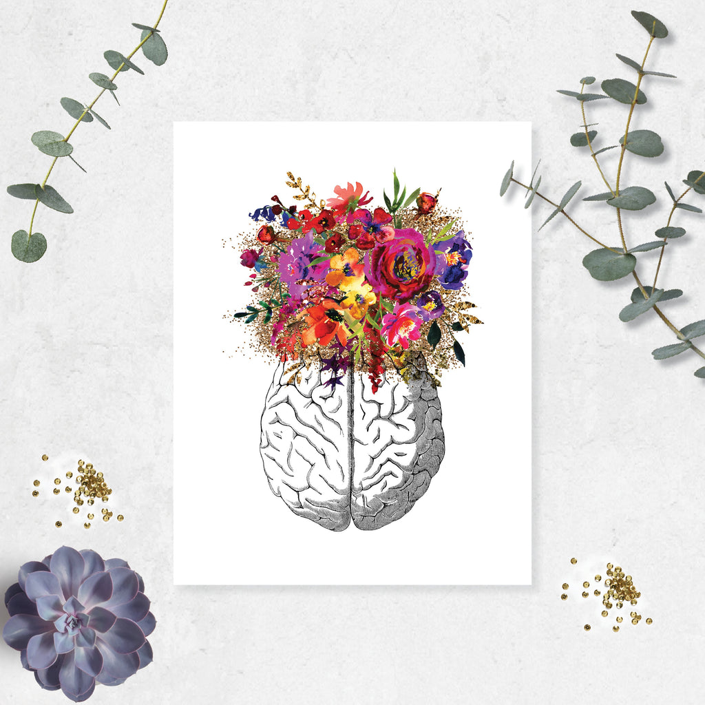 Brain etching with Pink, Purple, Yellow, and Golden Watercolor Tones on White