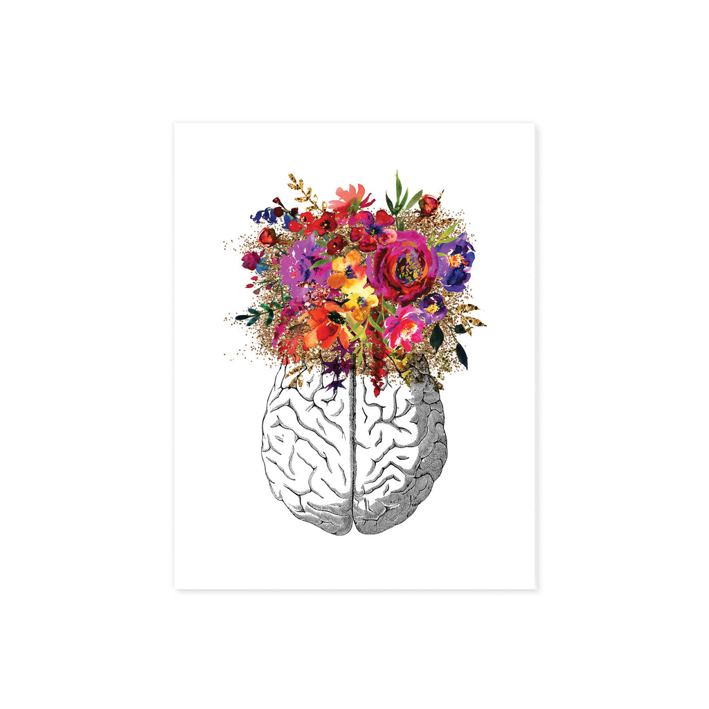 Brain etching with Pink, Purple, Yellow, and Golden Watercolor Tones on White