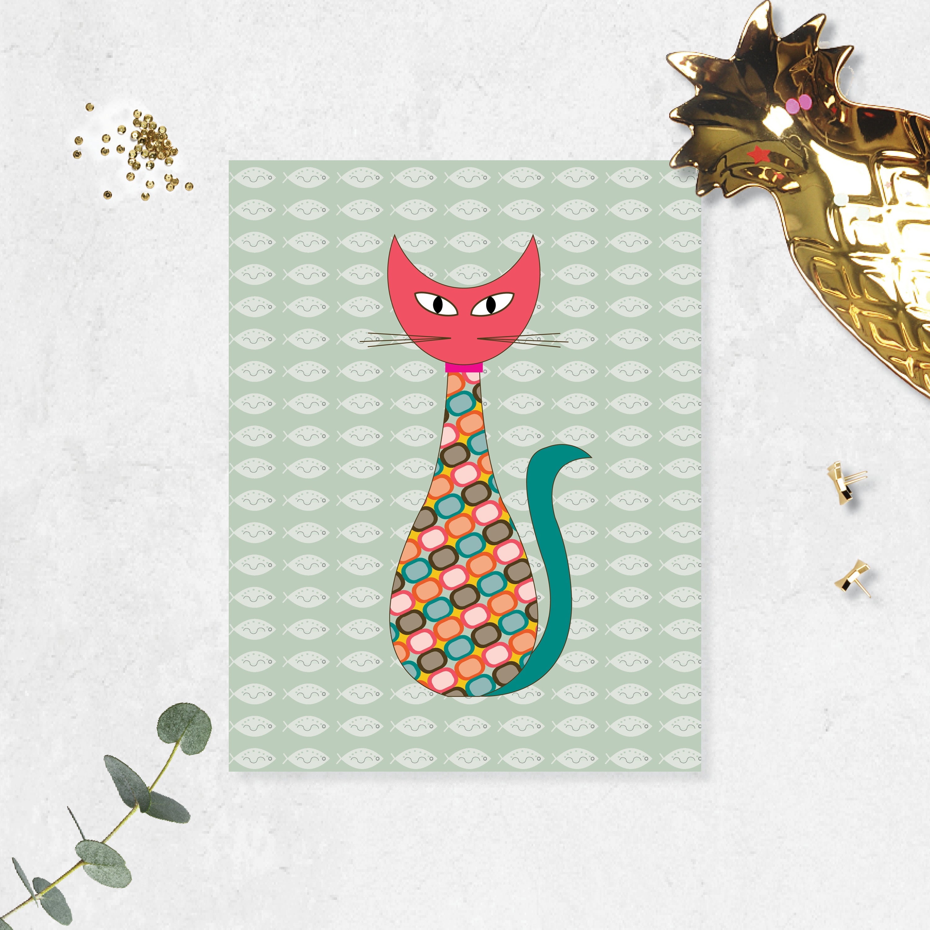 Cute Mid Century Inspired Cat with Fish Wallpaper