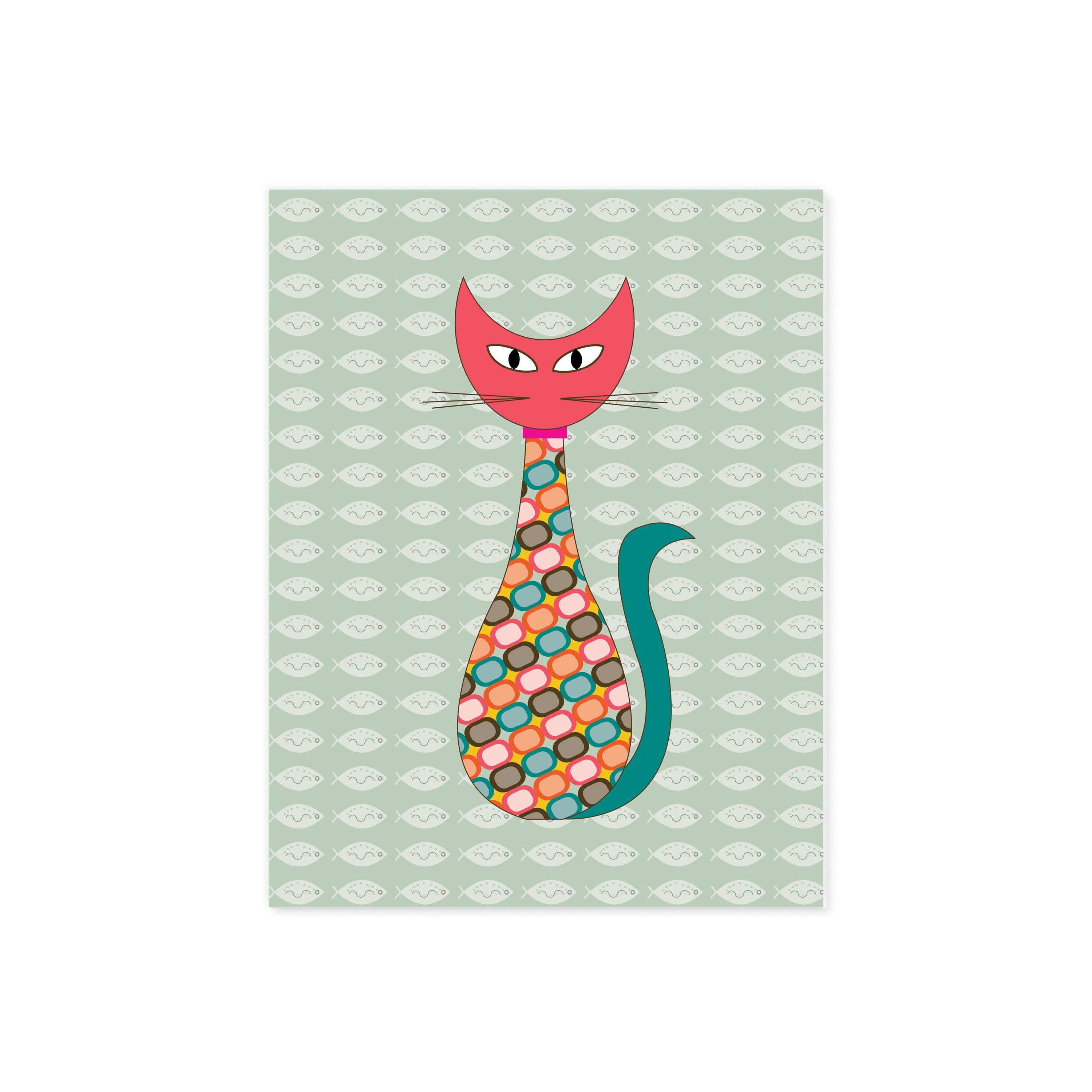 Cute Mid Century Inspired Cat with Fish Wallpaper