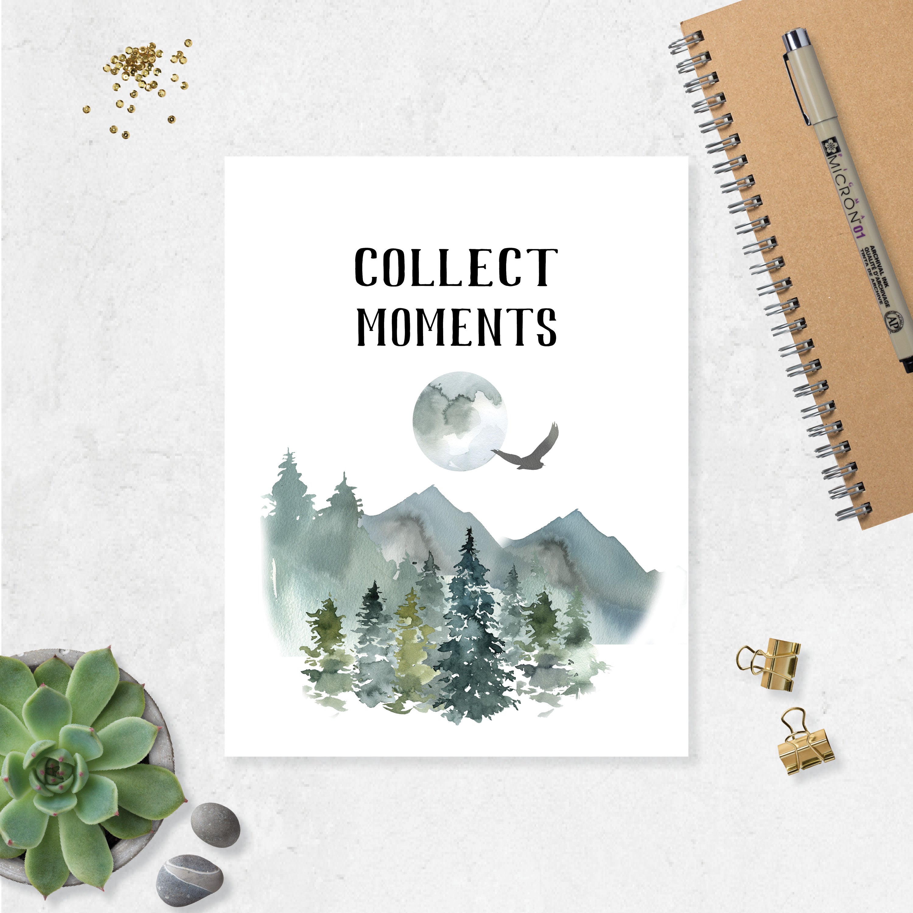 Collect Moments Mountain Scene with Moon and Eagle