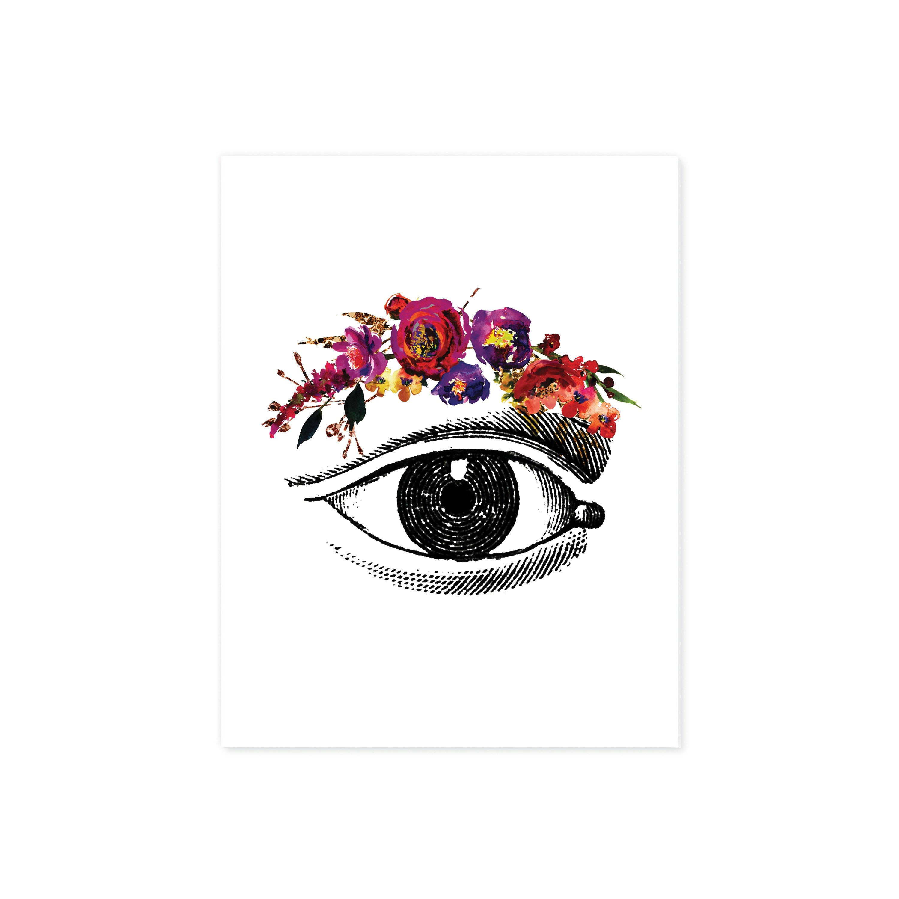 Eye etching with Pink, Purple, Yellow, and Golden Watercolor Tones on White