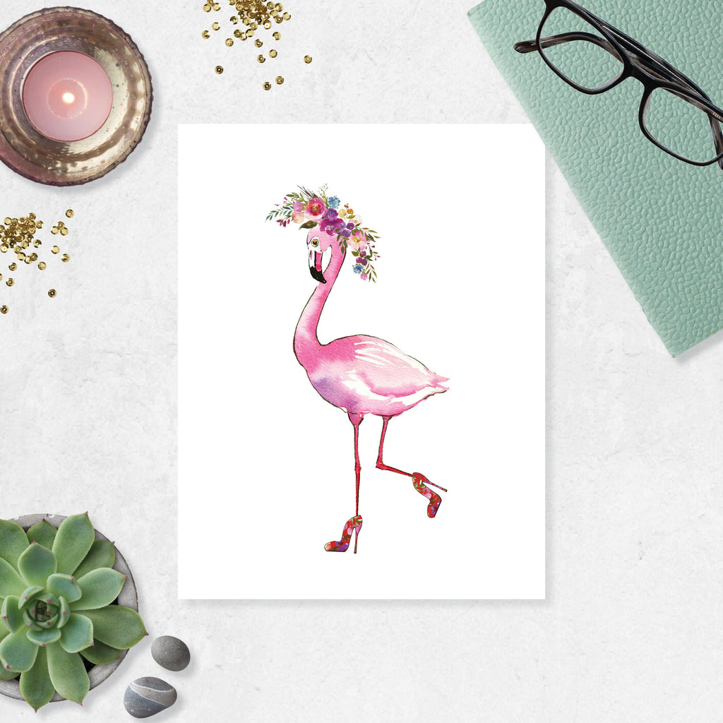 Flamingo with Floral High Heels and a Floral Hat