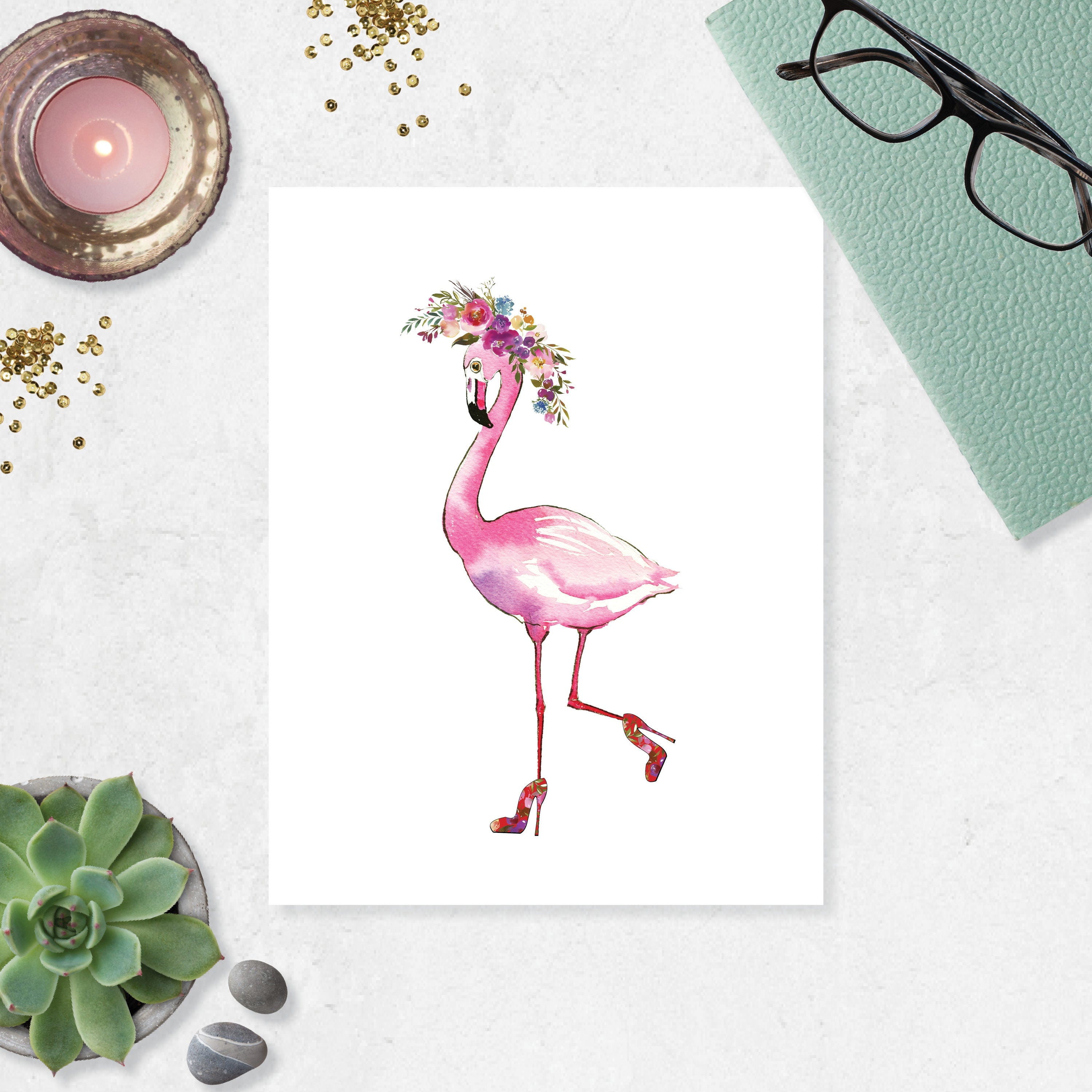 Flamingo with Floral High Heels and a Floral Hat