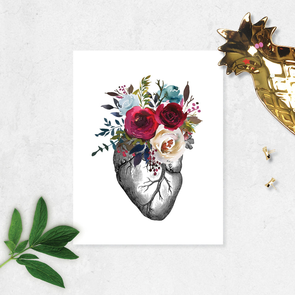 Anatomical Heart with Berry and Blue Watercolor Tones on White