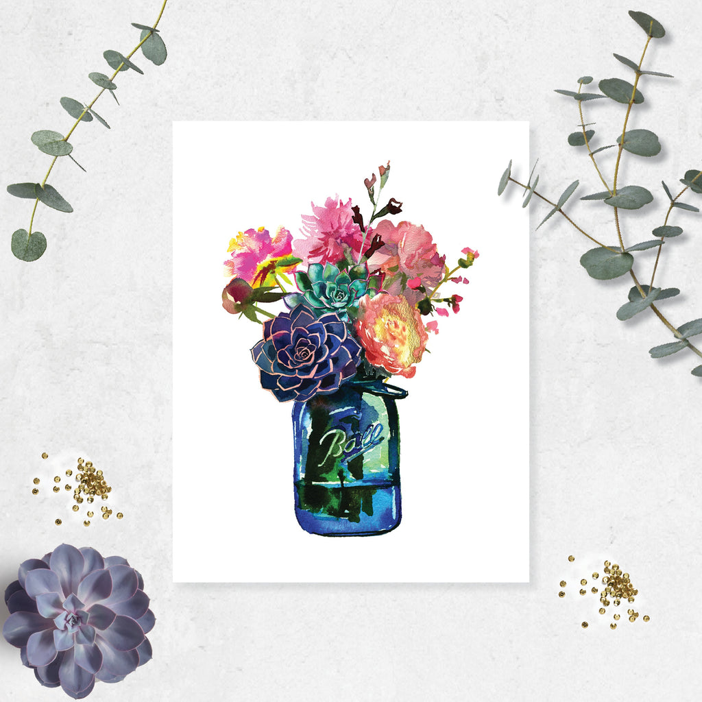Jar of Flowers with Watercolor Flowers and Succulents