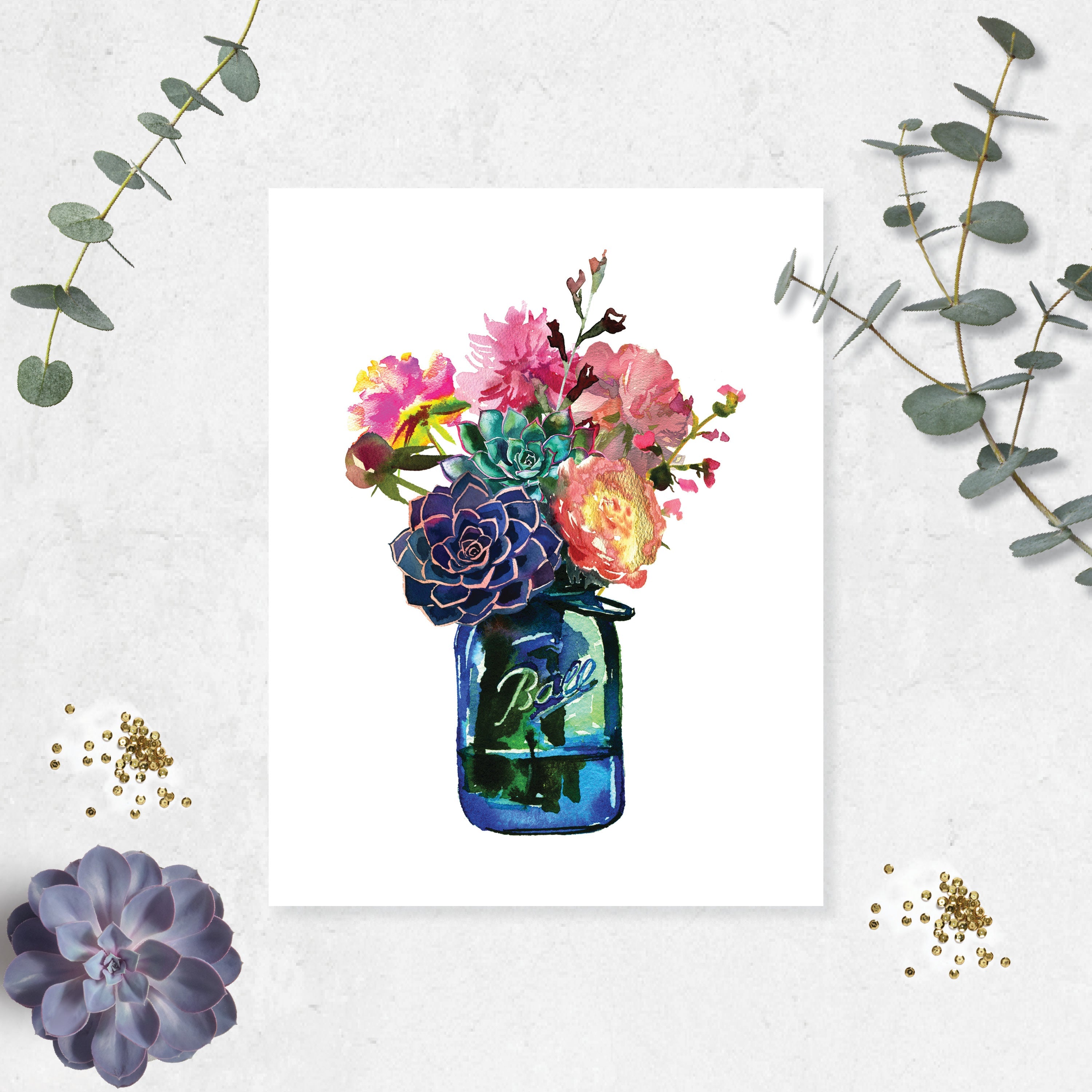 Jar of Flowers with Watercolor Flowers and Succulents