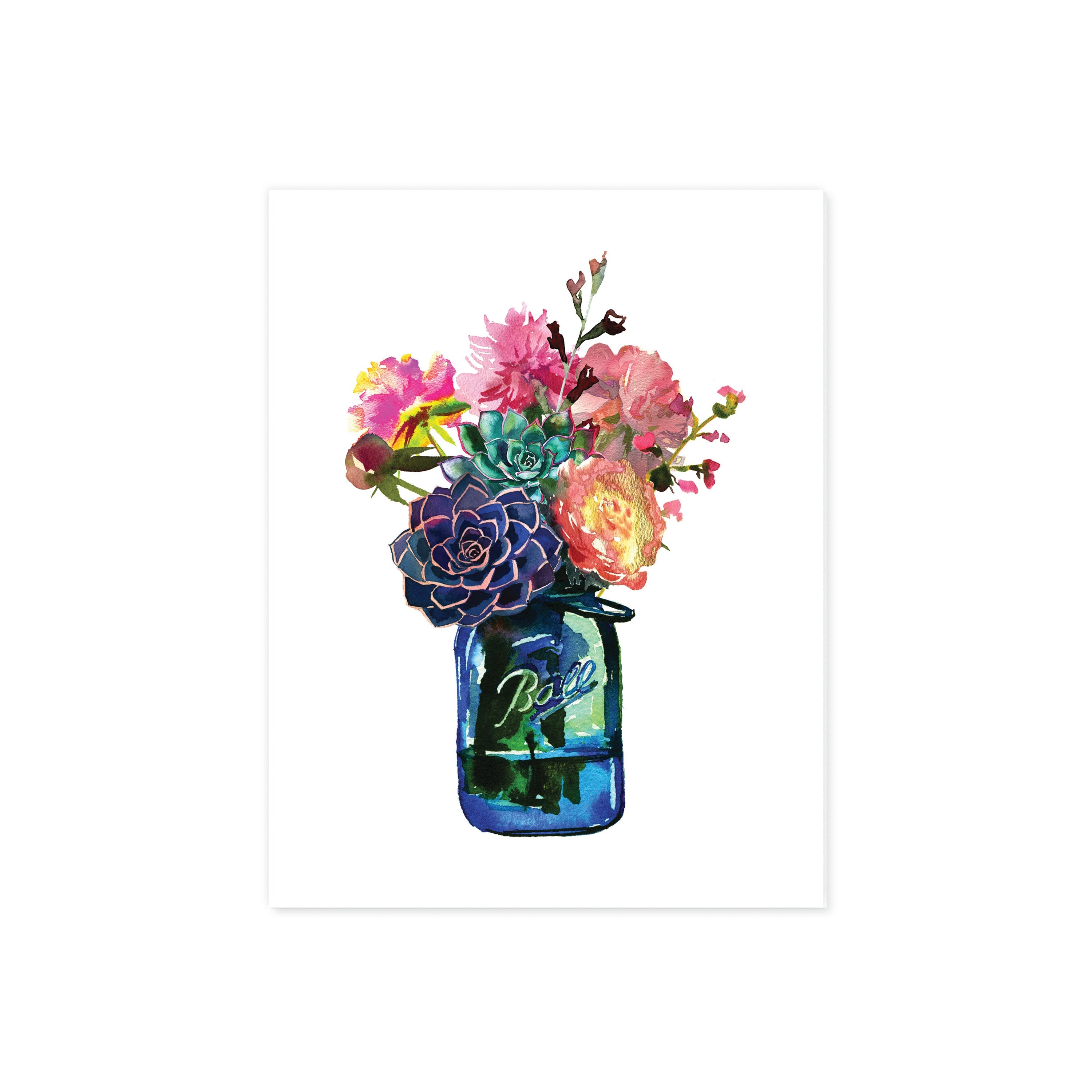 Jar of Flowers with Watercolor Flowers and Succulents