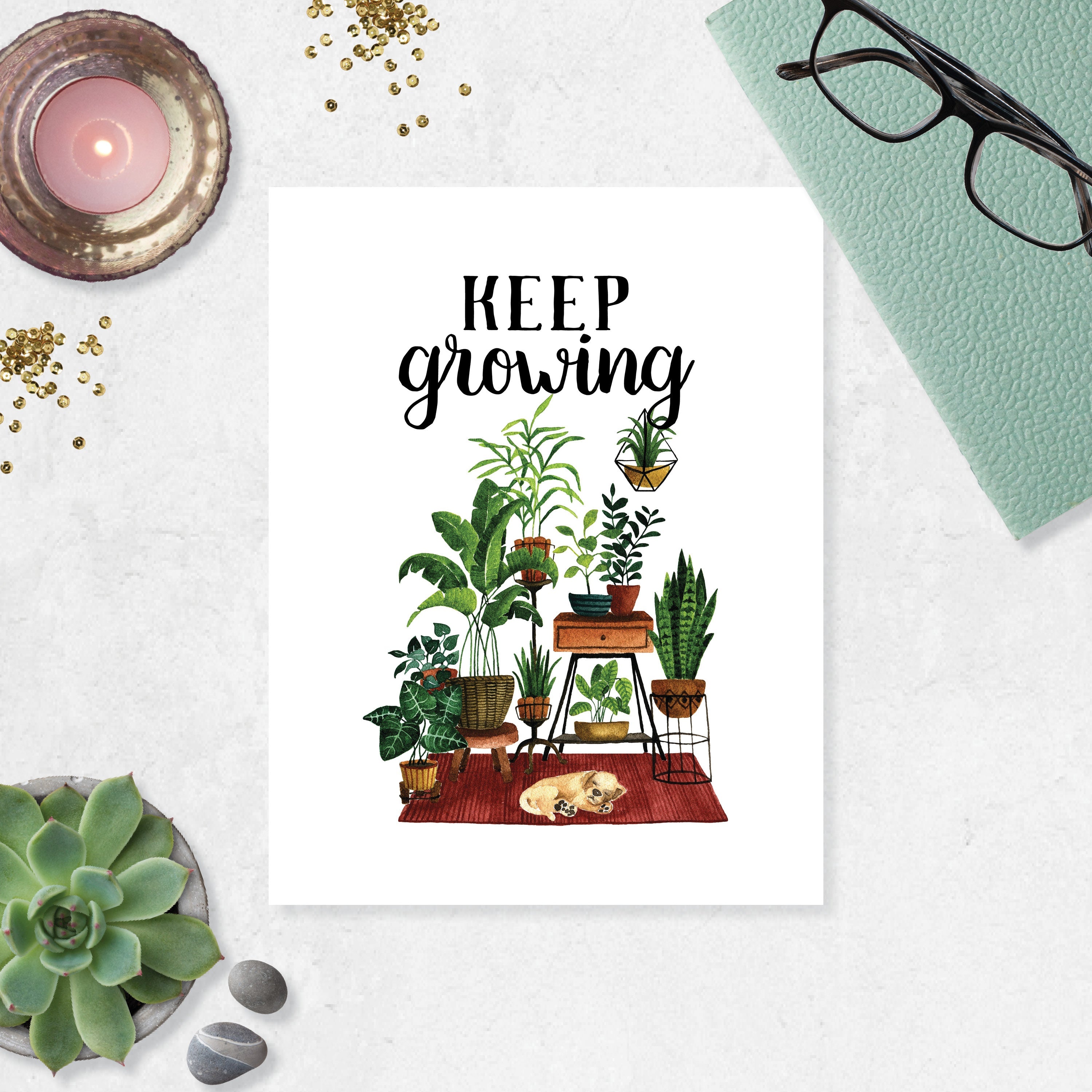 Keep Growing - Plant and Puppy Scene