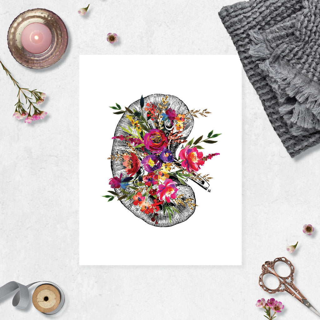 Anatomical Kidney with Pink, Purple, Yellow and Golden Watercolor Tones on White