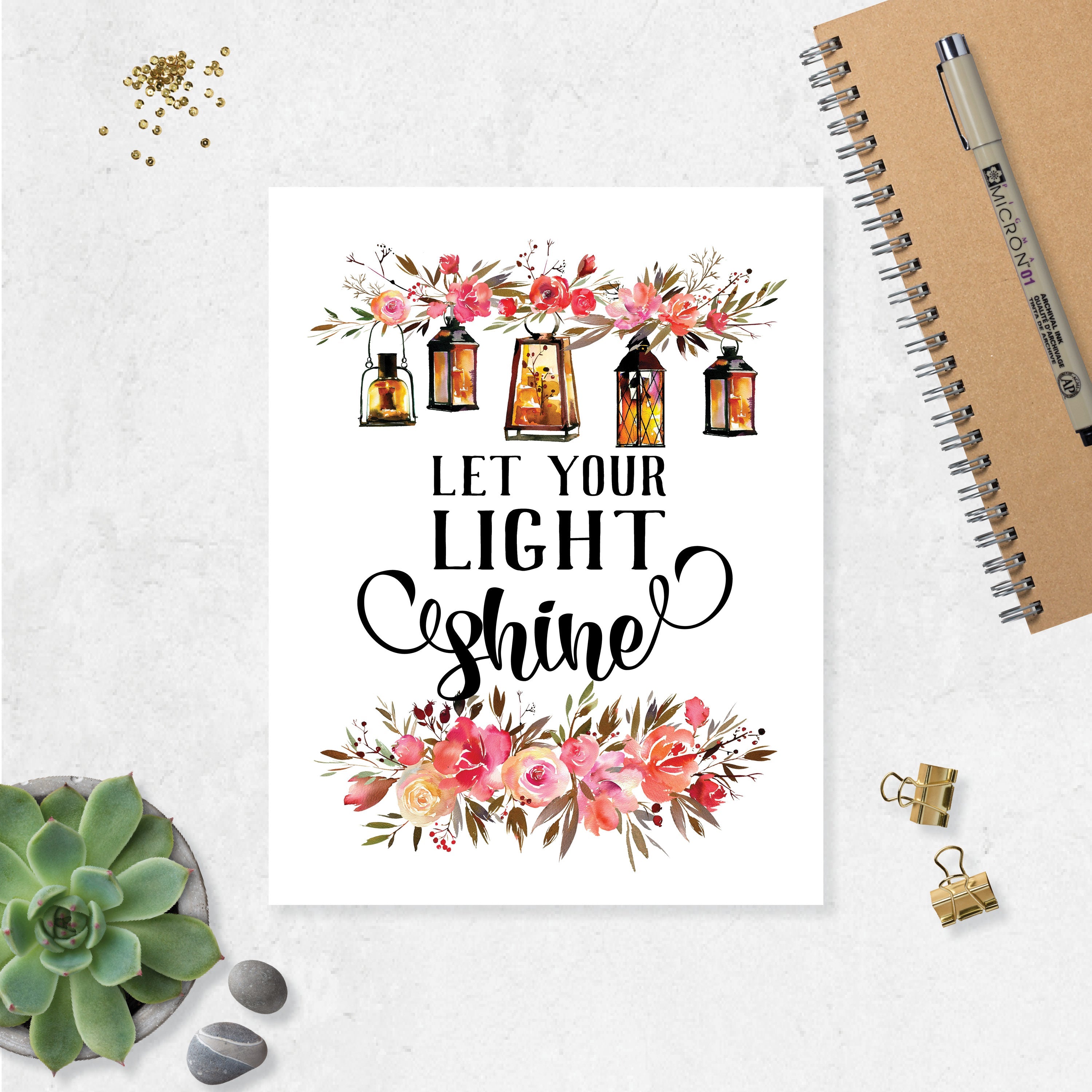 Let Your Light Shine quote with Watercolor Lanterns and Flowers