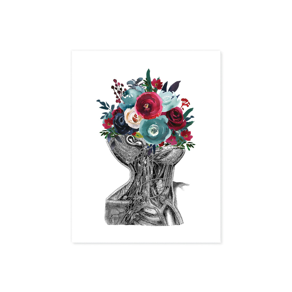 Anatomical Neck Etching with Flowers for the Face in Berry and Blue Watercolor Tones on White