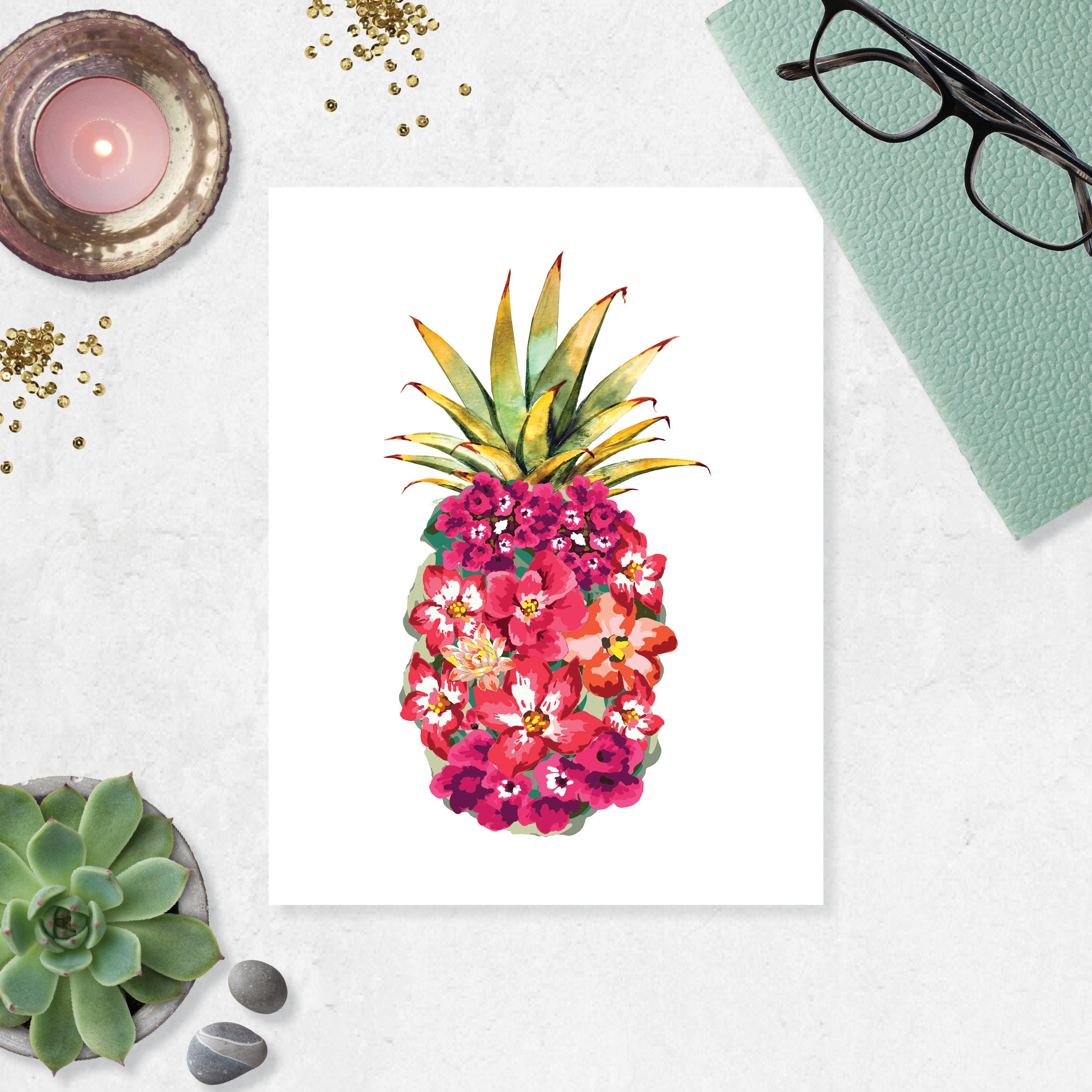 Pineapple in Pink Tropical Watercolor Flowers
