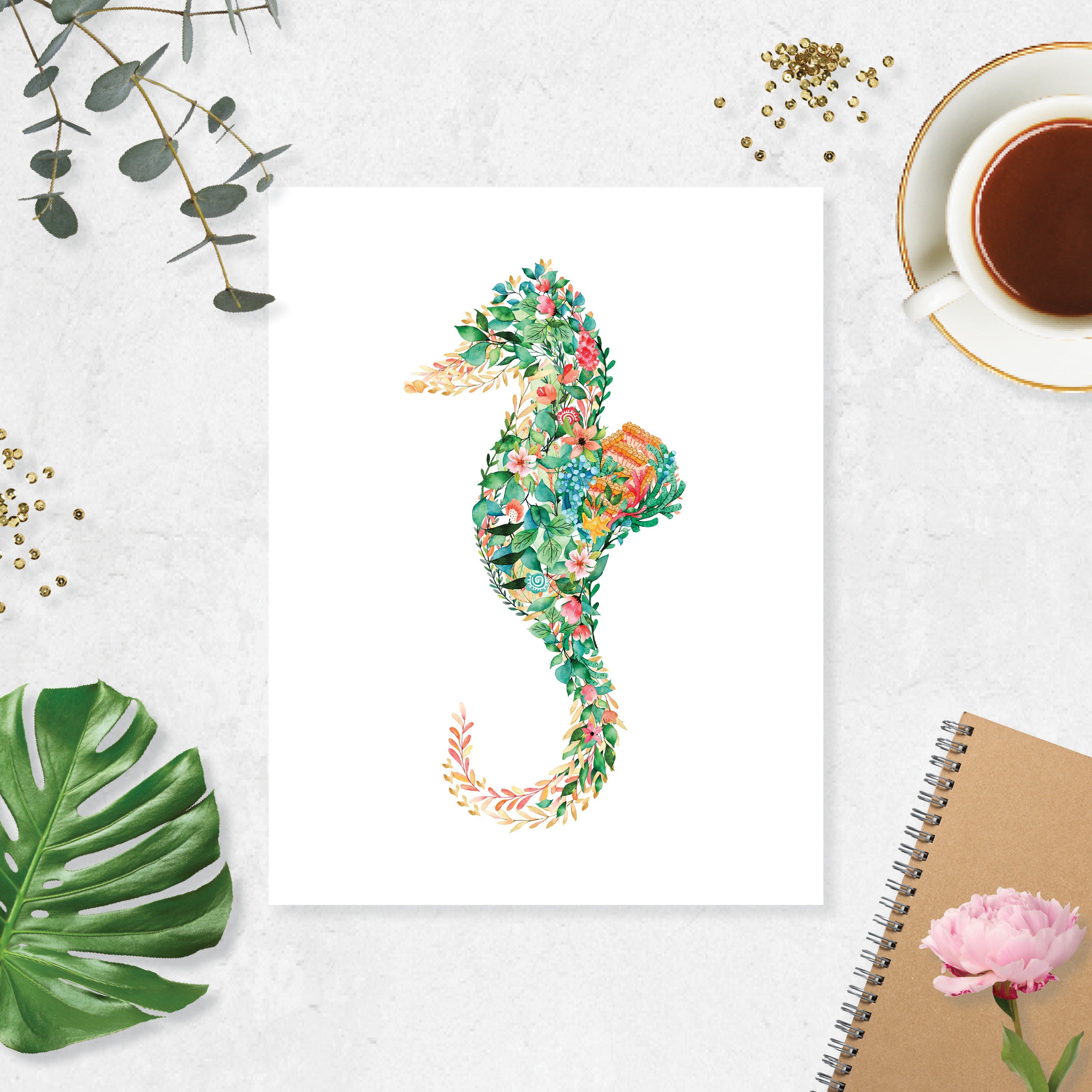 Seahorse with Tropical Watercolor Flowers