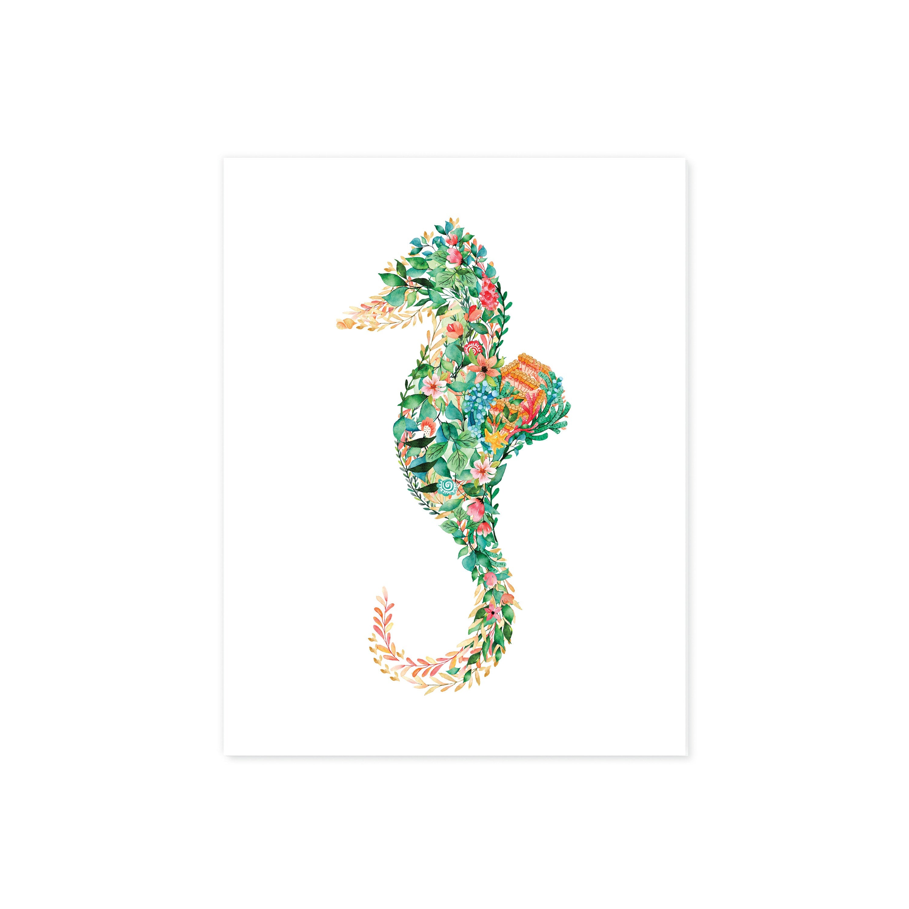 Seahorse with Tropical Watercolor Flowers