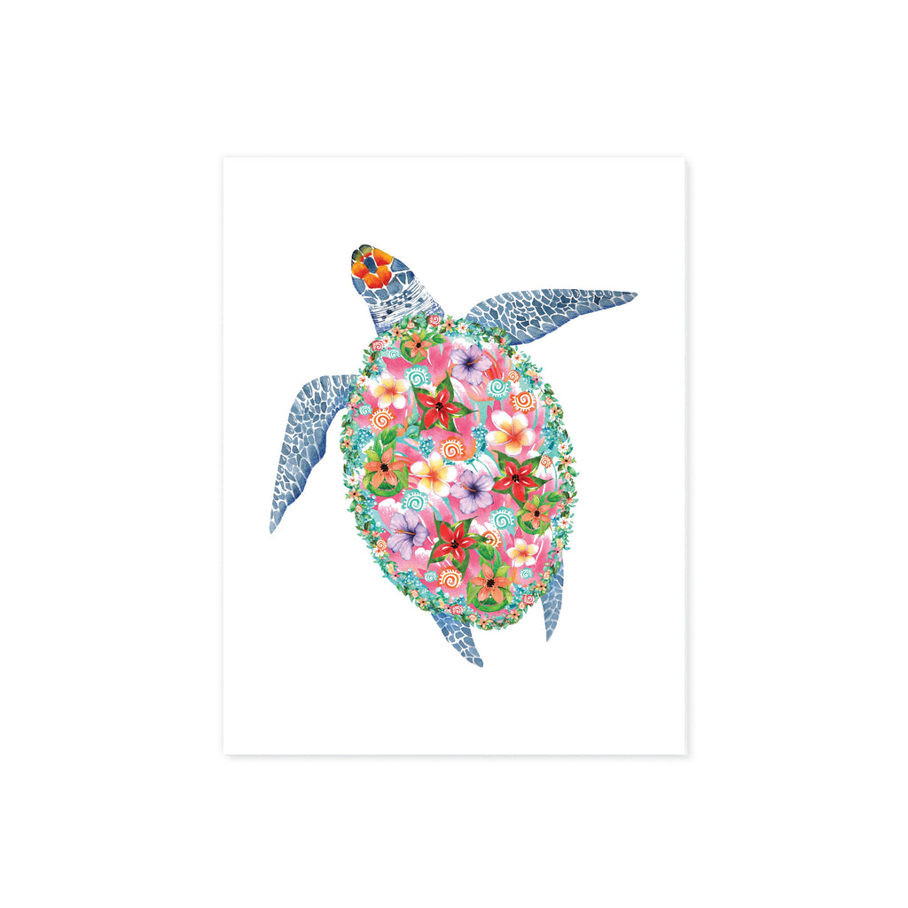 Sea Turtle with Tropical Watercolor Flowers