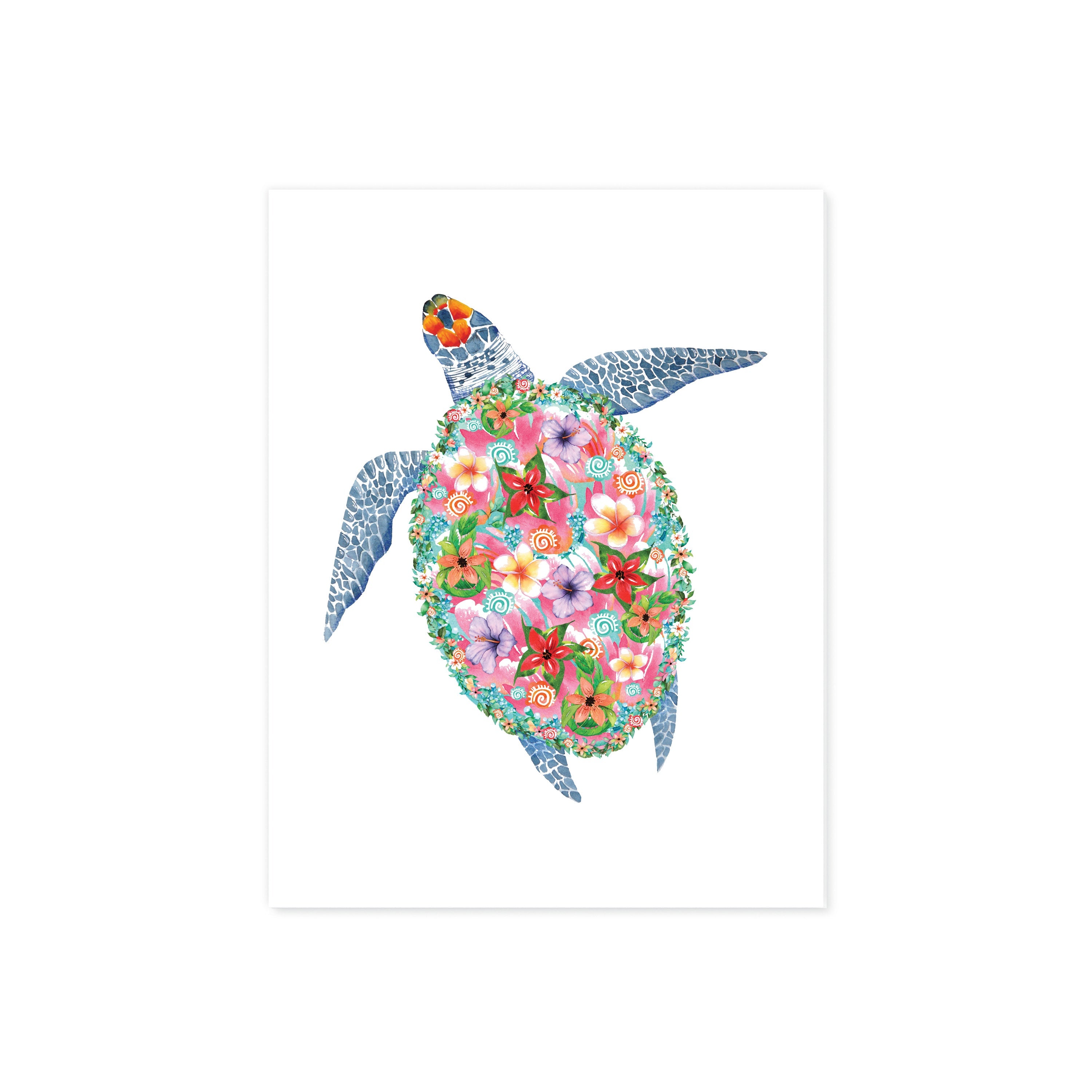 Sea Turtle with Tropical Watercolor Flowers