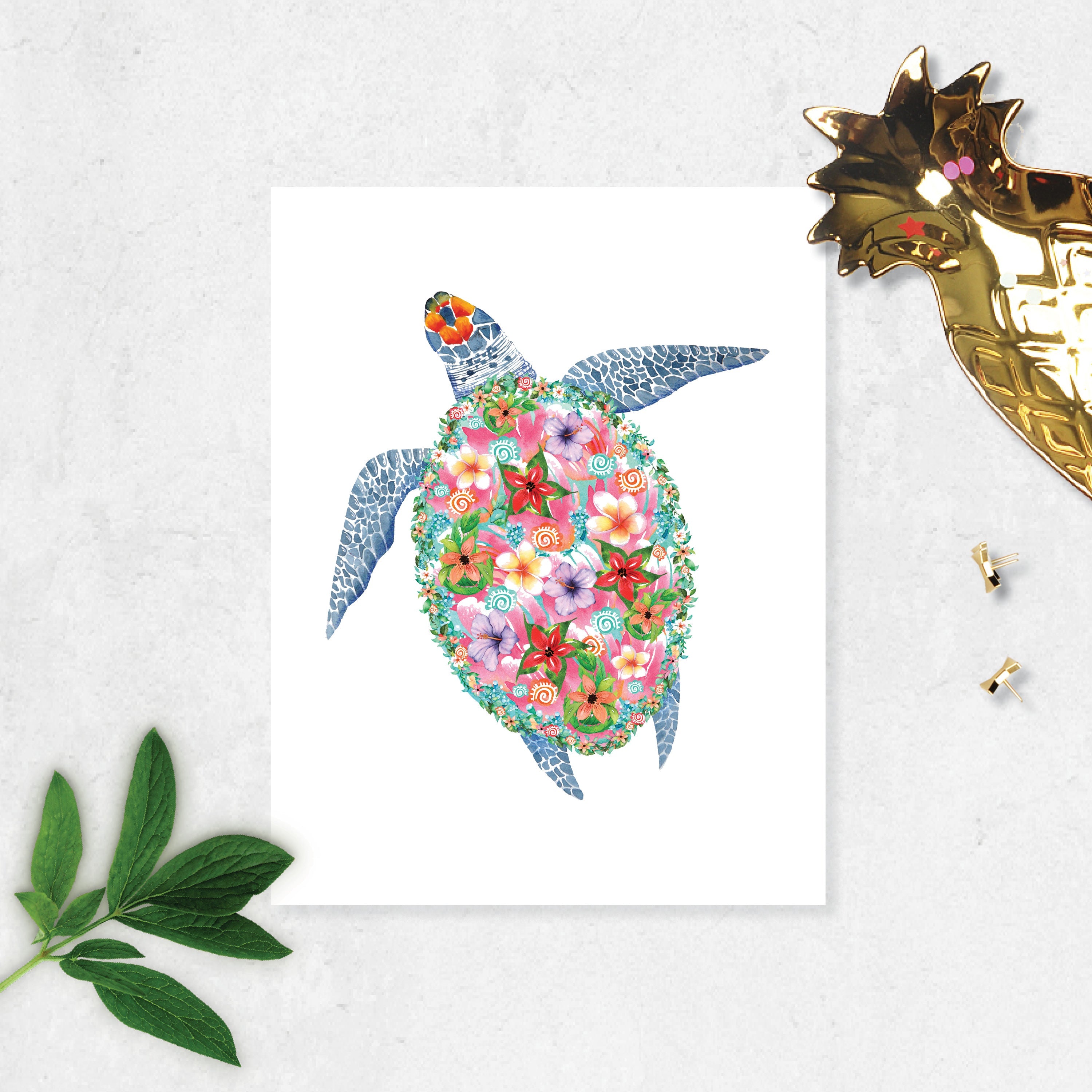 Sea Turtle with Tropical Watercolor Flowers
